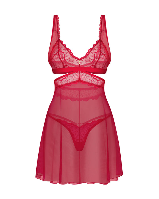 Red Sheer Lace Babydoll and Thong Set displayed flat, featuring scalloped lace trim and cut-out waist design for a seductive look.