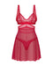 Red Sheer Lace Babydoll and Thong Set displayed flat, featuring scalloped lace trim and cut-out waist design for a seductive look.