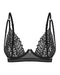 Front view of Sheer Lace Plunge Bra Donarella in black, with floral lace cups, decorative straps, and sheer mesh paneling.