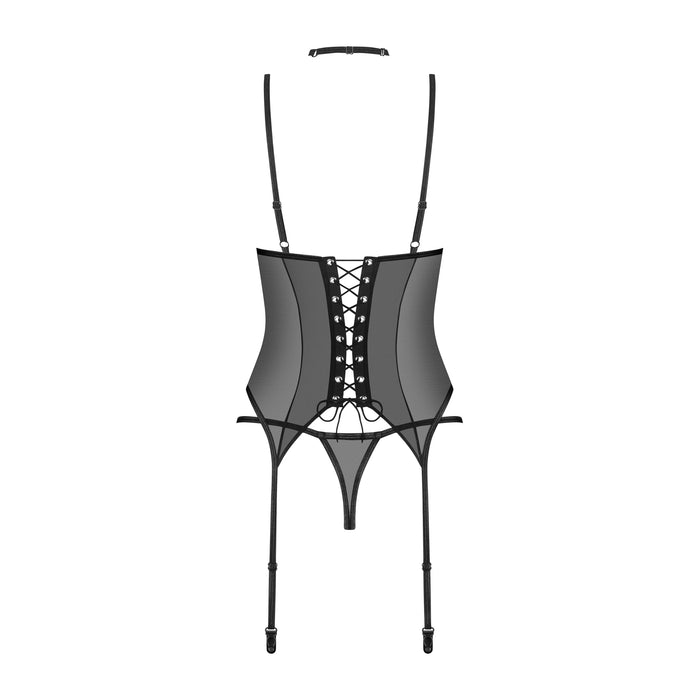 Back flat lay of Sheer Mesh Lace Corset String Panty Obsessive Donarella Black Lingerie showing lace-up back and adjustable straps.