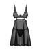 Flat lay of Sheer Lace Babydoll & String Panty Set Black Nutris showing lace bralette and sheer mesh skirt, a two-piece lingerie set from Lavinia Lingerie.