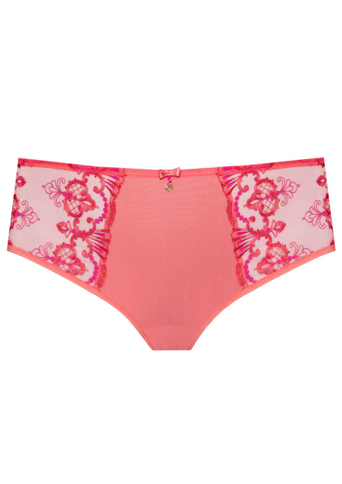Sheer mesh tulle embroidered high brief panty in coral by Lavinia Lingerie, featuring floral side panels and mid-rise fit for a slimming silhouette.