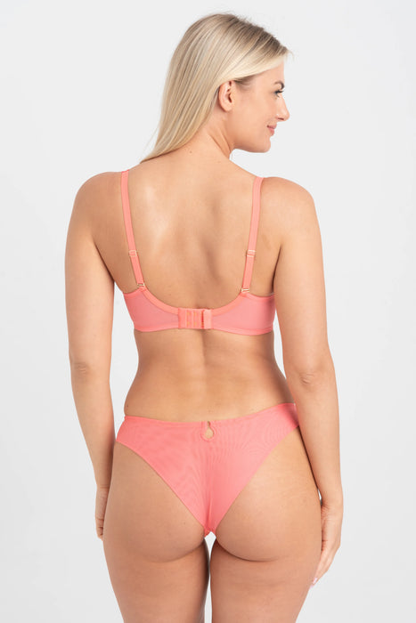 Rear view of Sheer Mesh Balconette Bra Perla Coral with matching coral panties. Adjustable fit and seamless back design for comfort.