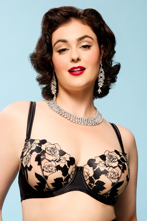 Dita Von Teese Rosabelle Underwire Balconette Bra Black with sheer tulle and rose embroidery, modeled with vintage-inspired styling.