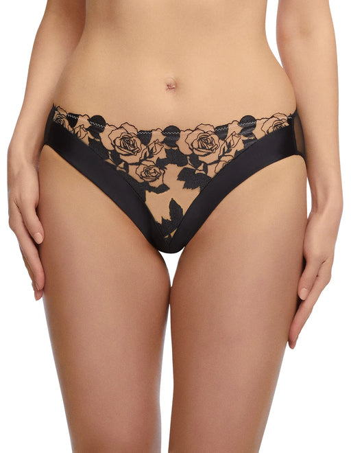 Dita Von Teese Rosabelle Sheer Bikini Panty in black with rose embroidery, featuring soft tulle front and stretch mesh back for elegant comfort.