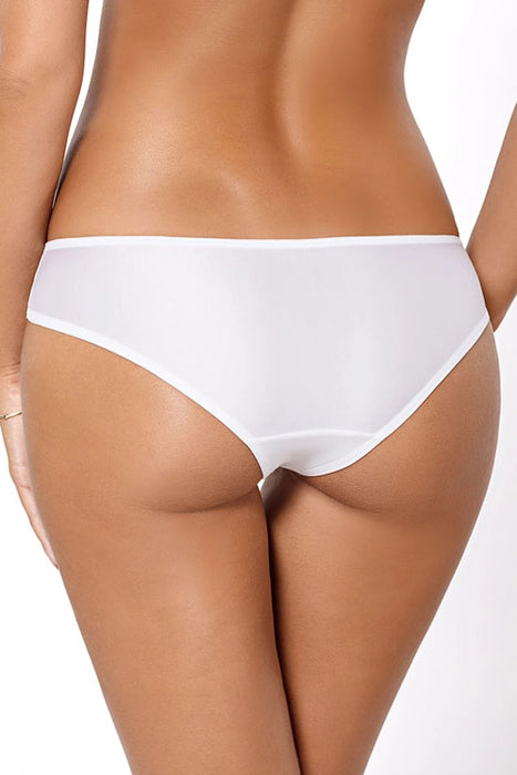 Back view of Athina Bikini Panty in white, featuring sheer mesh fabric and low-rise cut for a flirty, chic lingerie look. Perfect for bridal or everyday wear.