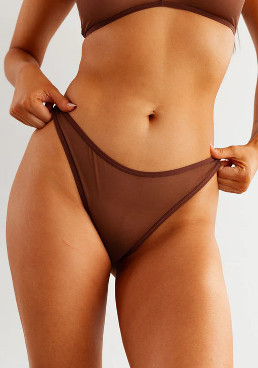 Sheer High-Leg Bikini Panty The Mesh Cocoa by Blush Lingerie in brown mesh with high-cut leg design for a flattering, curve-enhancing fit.