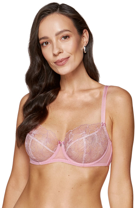 Sheer Mesh Floral Embroidered Bra Bloom Pink by Gorteks featuring delicate lace and underwire support. Elegant balconette style for everyday wear.