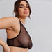 Side profile of Blush Astrid Sheer Wireless Front-Closure Bralette Black showcasing wireless design and breathable sheer material.