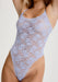 Lace Bodysuit in Lavender featuring sheer soft mesh with floral rosette patterns and high-leg cut for sexy comfort. Ideal lingerie for confidence and allure.