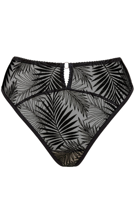 Flat lay of Gorteks Mare Sheer Mesh Brazilian Thong Panty in black, featuring a keyhole cutout and tropical embroidery.