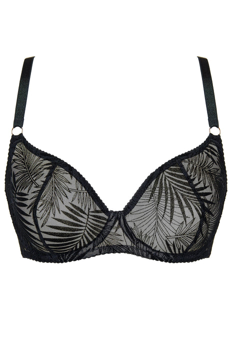 Sheer Mesh Plunge Bra Gorteks Mare Lavinia Lingerie in black with palm leaf embroidery, underwired demi cups and adjustable straps for support.