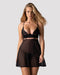 Sheer Lace Babydoll & String Panty Set Black Nutris by Obsessive featuring floral lace cups and mesh skirt, ideal for seductive lingerie looks.