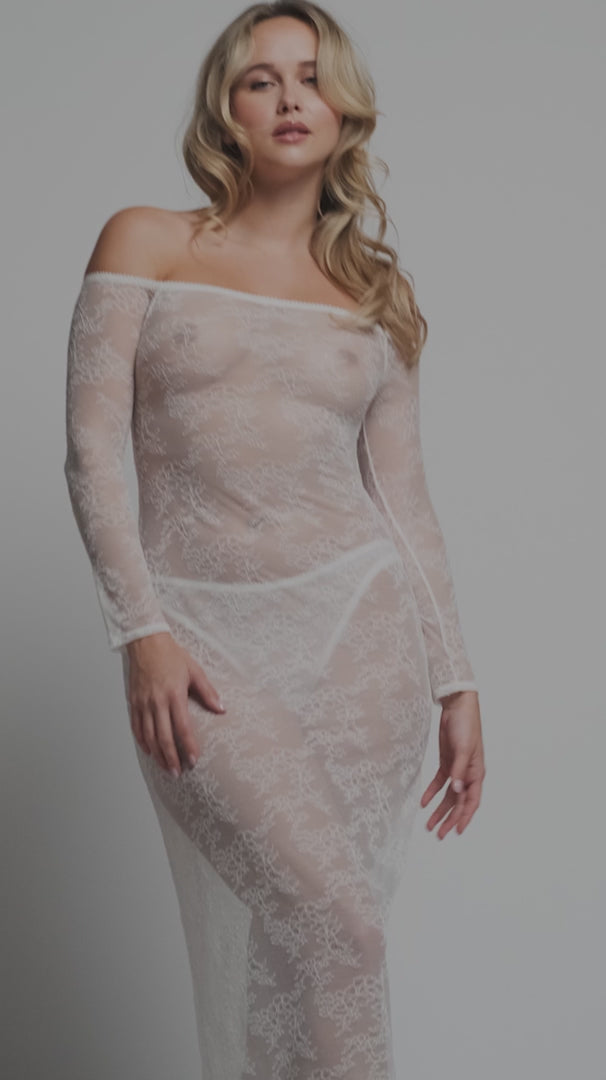 Sheer Lace Off-Shoulded Maxi Dress Blush Cascade White