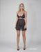 Full front view of Sheer Lace Babydoll & String Panty Set Black Nutris by Obsessive, featuring plunging neckline and sheer black mesh, perfect for intimate wear.