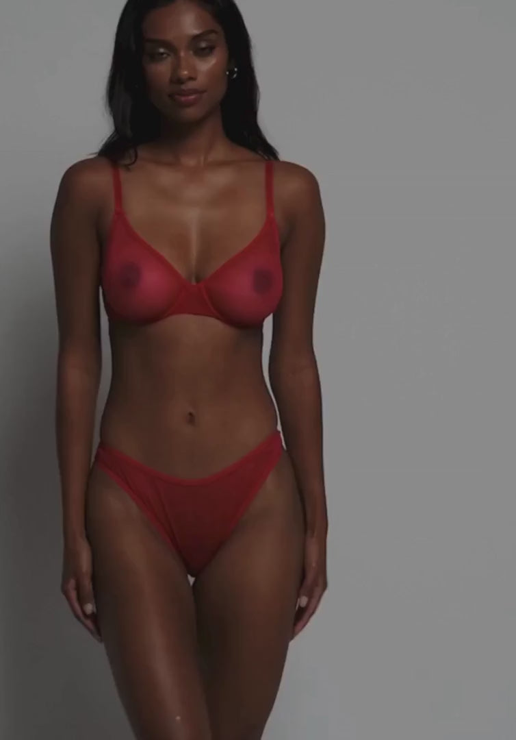 Runway-style view of model in Sexy Sheer Molded Bra Blush The Mesh Red Lingerie 0259409, emphasizing its bold red color and sheer elegance.