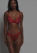 Runway-style view of model in Sexy Sheer Molded Bra Blush The Mesh Red Lingerie 0259409, emphasizing its bold red color and sheer elegance.
