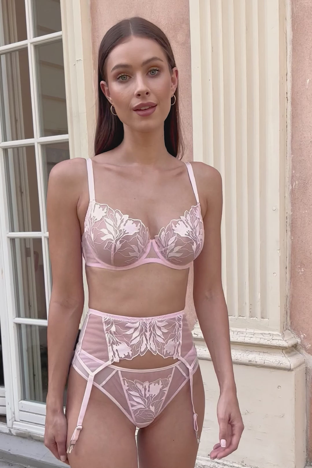 Sheer Pink Lingerie Set; Demi Bra, Thong Panty, Garter Belt