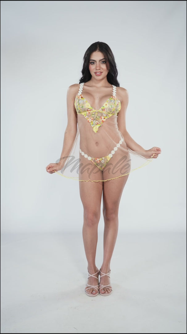 Sheer Mesh Babydoll Mapale Daisy Bliss in yellow with floral embroidery and delicate straps, available at Lavinia Lingerie. Perfect for sexy lingerie looks.