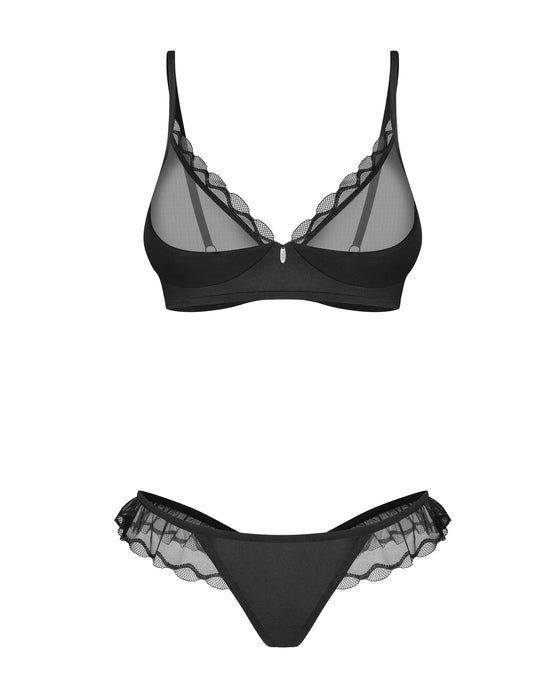 Flat lay of Stelisa sheer mesh demi bra and thong set in black. Features ruffled mesh trim and elegant design for lingerie lovers.