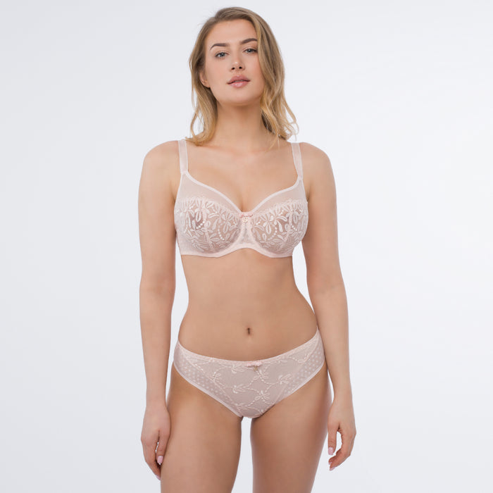 Sheer Full Figure Bra & Mesh Tulle Embroidered Tanga Panty Donna Pink Intimates