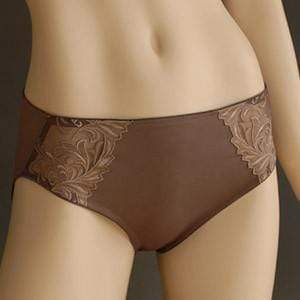 Conturelle Passion High Cut Bikini Panty displayed on mannequin, featuring sheer embroidered tulle panels and smooth opaque fabric in brown.