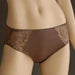 Conturelle Passion High Cut Bikini Panty displayed on mannequin, featuring sheer embroidered tulle panels and smooth opaque fabric in brown.