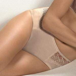 Conturelle Joy Sheer Mid Rise Brief Panty in nude, featuring elegant sheer side panels and soft nylon-cotton blend for comfort and style.