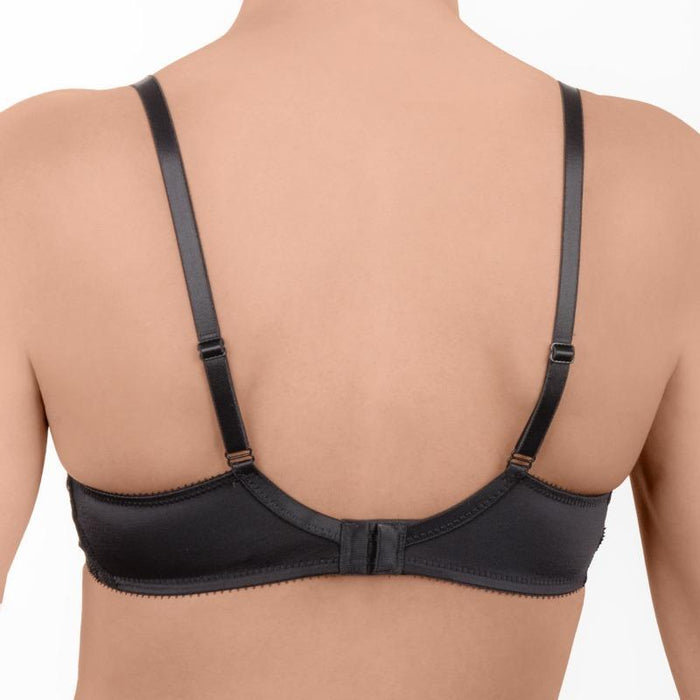 Back view of Conturelle Whisper Semi Sheer Lace Full Figure Bra in black, showing adjustable straps and hook-and-eye closure. Ideal for full bust support.