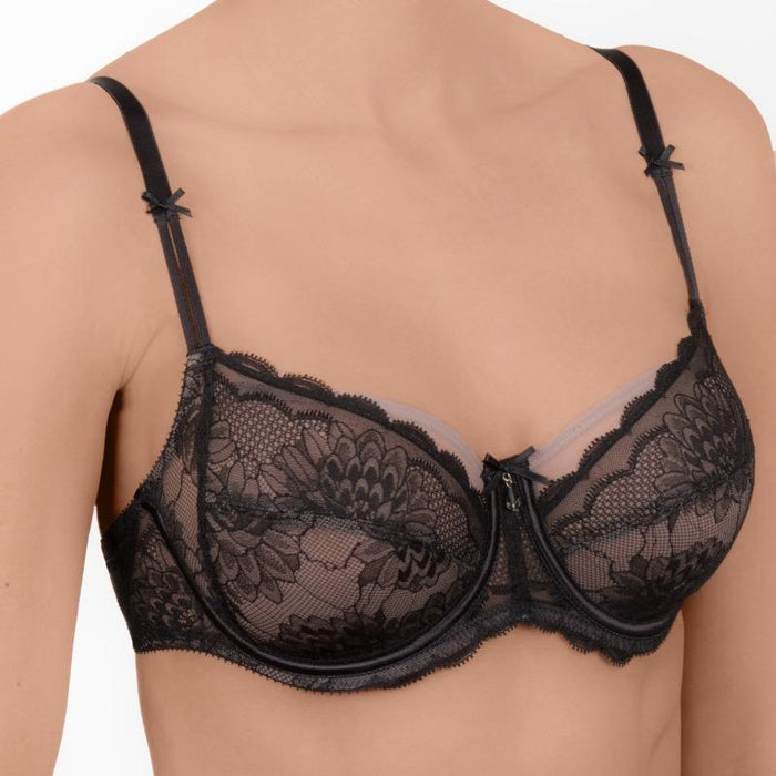 Conturelle Whisper Semi Sheer Lace Full Figure Bra in black with floral lace design and underwire support. Elegant Italian lace with double-layer cups.