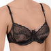 Conturelle Whisper Semi Sheer Lace Full Figure Bra in black with floral lace design and underwire support. Elegant Italian lace with double-layer cups.