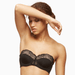 Blush Escape Longline Strapless Padded Lace Bra Black modeled strapless, highlighting underwire support and elegant lace detailing.