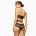 Back view of Blush Escape Longline Strapless Padded Lace Bra Black with matching lace panties, highlighting the intricate lace and fit.