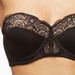 Close-up of Blush Escape Longline Strapless Padded Lace Bra Black showing intricate lace overlay and padded molded cups for lift and shape.