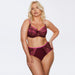 Model wearing Kinga Love Promise Soft Lace Panty and matching bra set in bordeaux with pink lace, showcasing coordinated lingerie look.
