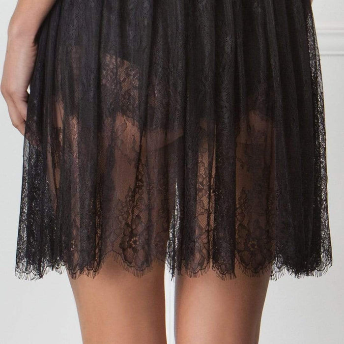 Detailed view of pleated lace skirt on Amoralle Eminent Nightdress, featuring sheer floral lace and hand-crafted elegance in luxury nightwear.