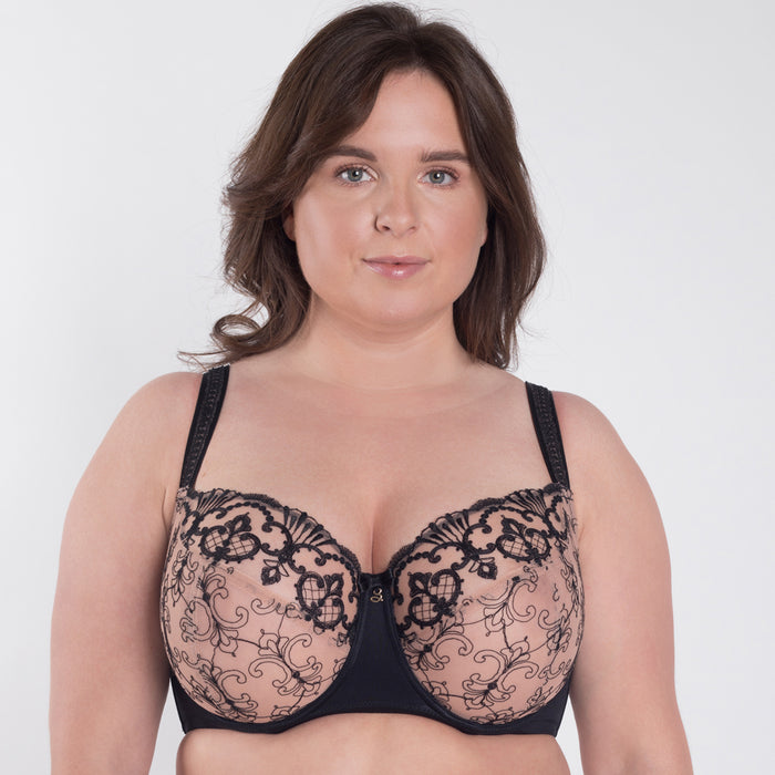 Sheer Mesh Embroidered Full Figure Bra Perla Black